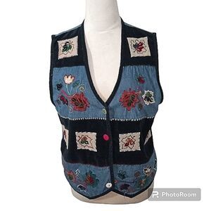 VIntage Dress Barn Fall Leaves Chambray and Velvet Vest Size M